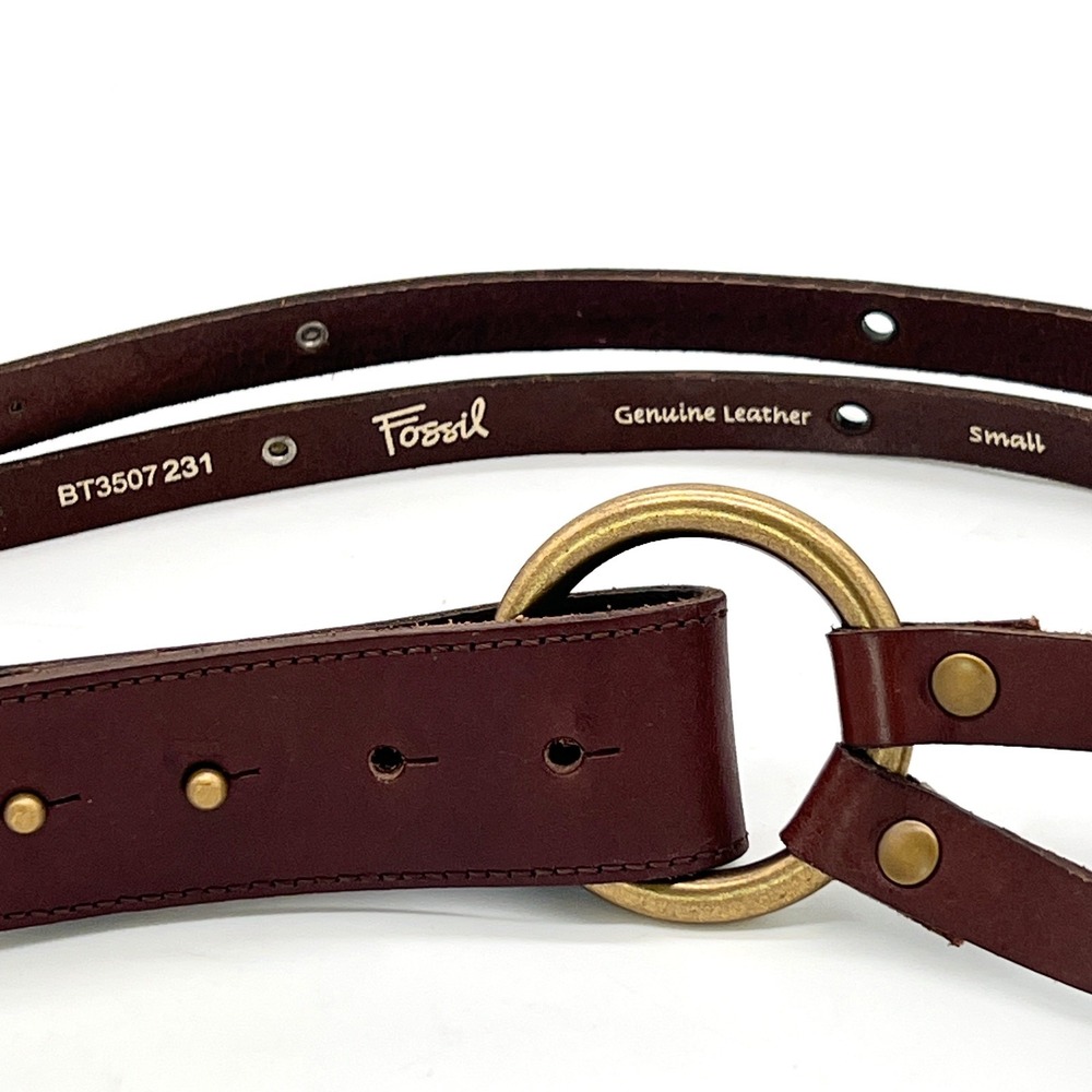 Fossil Womens Sz S Brown Leather Belt Studded Ring Loop Closure Double Strap New - Picture 5 of 5